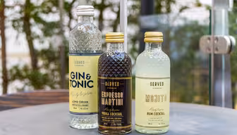 Three bottled cocktails on a table: Gin & Tonic, Espresso Martini, and Mojito. Each bottle features sleek labeling with ingredients and branding. Background shows blurred greenery and glass railing.