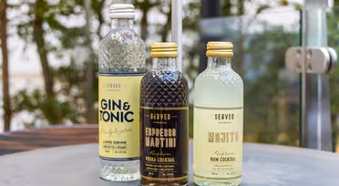 Three bottled cocktails on a table: Gin & Tonic, Espresso Martini, and Mojito. Each bottle features sleek labeling with ingredients and branding. Background shows blurred greenery and glass railing.