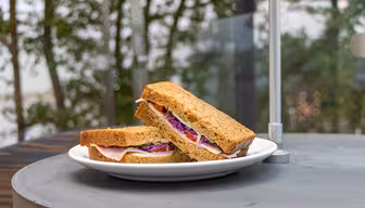 A sandwich with ham, purple cabbage, and other fillings is sliced in half and placed on a white plate. The sandwich sits on a round gray table outdoors, with blurred green foliage in the background.