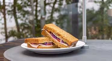 A sandwich with ham, purple cabbage, and other fillings is sliced in half and placed on a white plate. The sandwich sits on a round gray table outdoors, with blurred green foliage in the background.