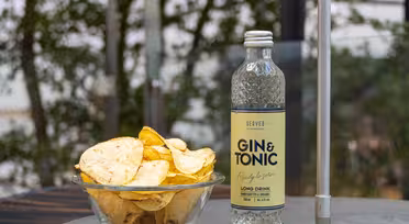 A clear glass bowl filled with potato chips sits next to a bottle of ready-to-serve gin and tonic on an outdoor table. The background features blurred greenery, suggesting a relaxed, natural setting.