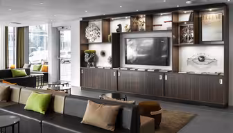 Modern living room with sleek decor, featuring a large flat-screen TV centered in a wooden cabinet with shelves. Decorative items and art pieces fill the shelves. Sofas with colorful cushions face the TV, and large windows provide natural light.