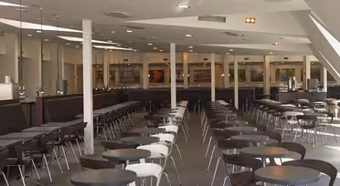 Spacious, modern cafeteria with rows of dark brown tables and chairs. The room has a neutral color scheme with large windows that allow natural light. Ceiling lights are evenly distributed, contributing to the bright and open atmosphere.
