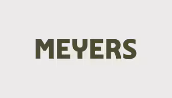 The image displays the word MEYERS in bold, dark green capital letters against a light gray background.