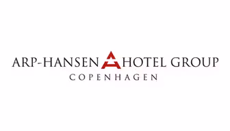 Logo of Arp-Hansen Hotel Group with the text ARP-HANSEN HOTEL GROUP in black capital letters. The letter A in HANSEN is larger and red. COPENHAGEN is written below in smaller black letters.