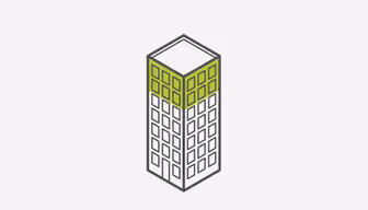 Isometric illustration of a skyscraper with a white and dark gray facade, featuring green panels near the roof. The building is set against a plain white background.
