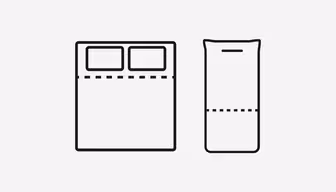 A diagram showing a double bed on the left with two pillows and a dotted line across the middle, and a single sleeping bag on the right with a dotted line across the middle.