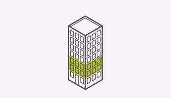 Illustration of a tall, geometric building with multiple floors and windows. The middle section features a highlighted green row, contrasting with the black and white outline. The background is plain white.
