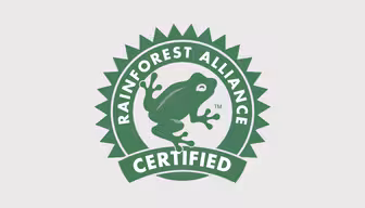 Green Rainforest Alliance Certified logo featuring a frog on a circular badge with a spiky edge design.
