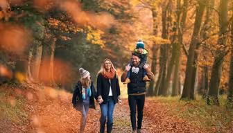 A family of four walks along a forest path covered in autumn leaves. The parents hold hands while the father carries a child on his shoulders. The trees have vibrant orange and yellow foliage, and the sunlight filters through the branches.