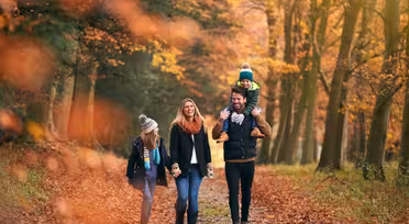 A family of four walks along a forest path covered in autumn leaves. The parents hold hands while the father carries a child on his shoulders. The trees have vibrant orange and yellow foliage, and the sunlight filters through the branches.