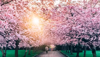 A person walks down a paved path lined with blooming pink cherry blossom trees on both sides. The sun peeks through the branches, creating a warm glow. The lush green grass borders the path, enhancing the vibrant scene.