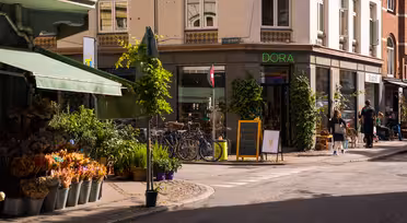 A sunny street corner. On the left, a flower shop with plants and bouquets. Bicycles are parked near a shop called DORA. People are strolling nearby, and an ice cream cone is depicted on a chalkboard. The buildings are decorated with greenery.