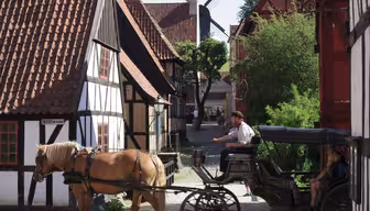 A horse-drawn carriage travels down a cobblestone street lined with traditional half-timbered houses. A windmill is visible in the background, and trees dot the surroundings under a clear blue sky.