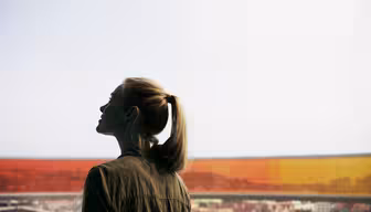 A person with a ponytail stands in silhouette, gazing outward from a window with a tint of red and orange hues. The view outside shows a distant cityscape under a bright sky.
